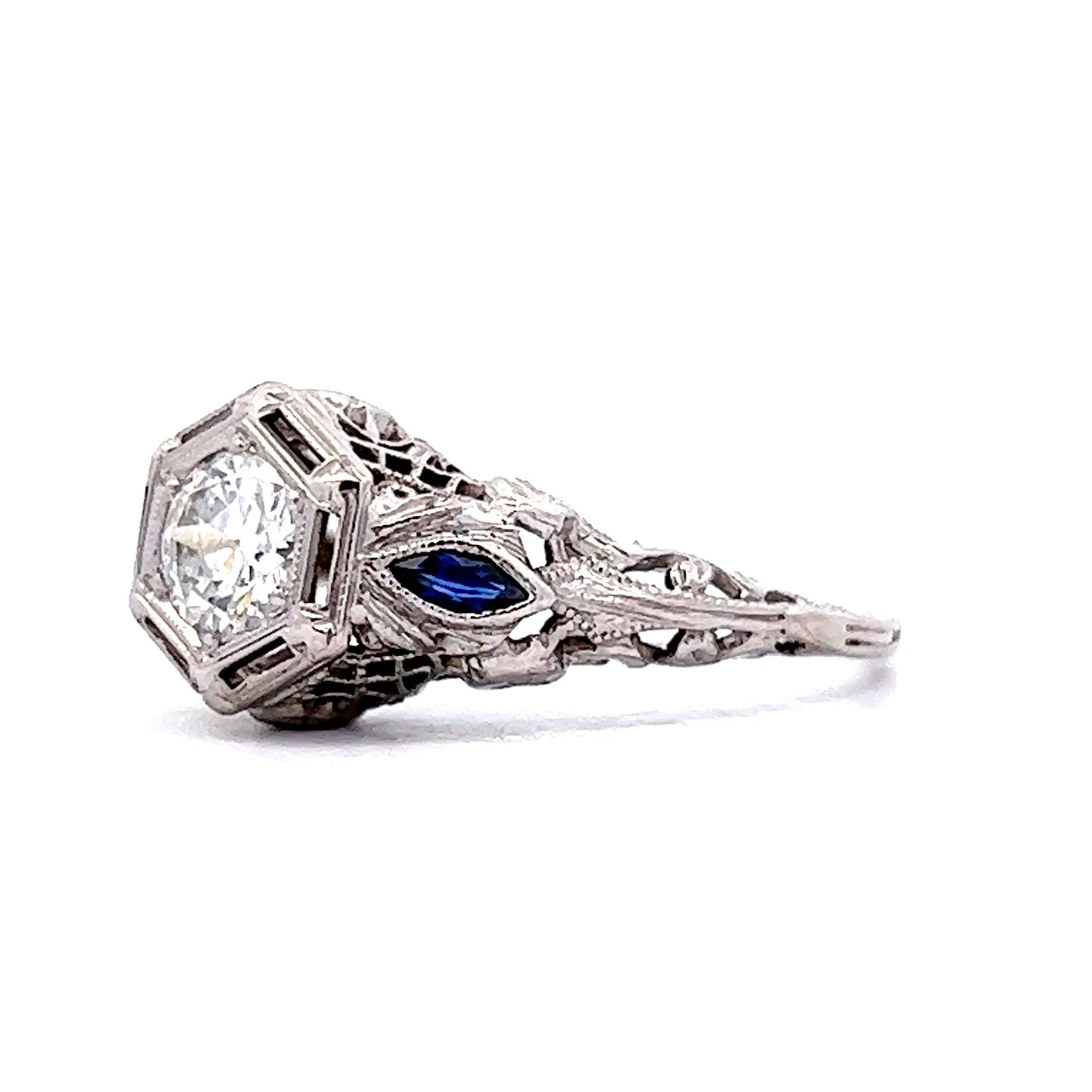 Sapphire Accent Diamond Engagement Ring in 18k White Gold