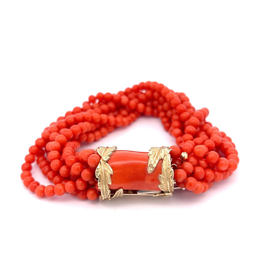 Vintage 1960's Beaded Coral Bracelet in 14k Yellow Gold