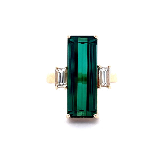 7.78 Emerald Cut Tourmaline & Diamond Ring in 14k Yellow Gold