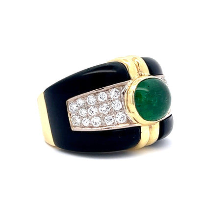 2.49 Cabochon Emerald, Onyx & Diamond Right Hand Ring in 18k Yellow Gold