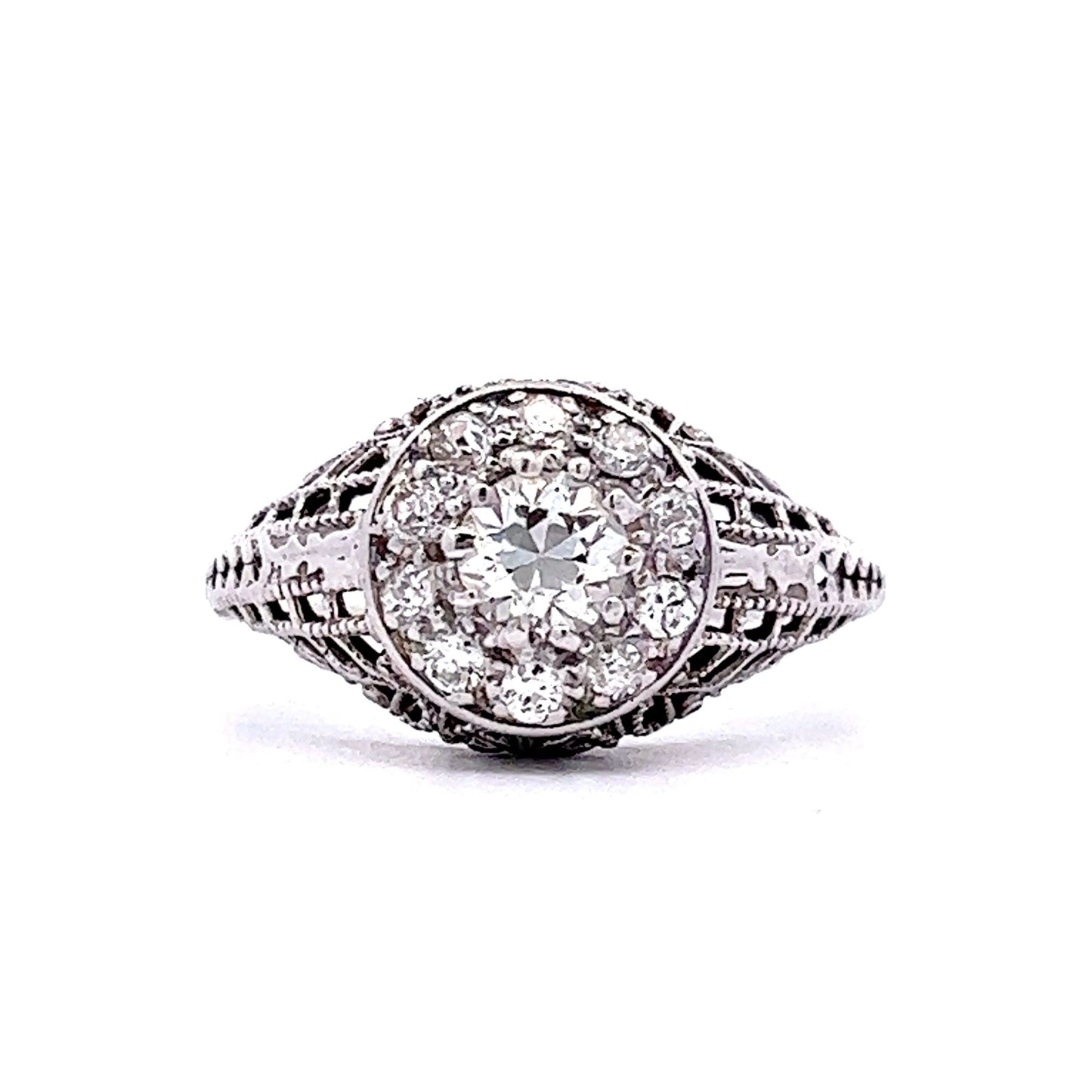 Pave Diamond Filigree Engagement Ring in 18k White Gold