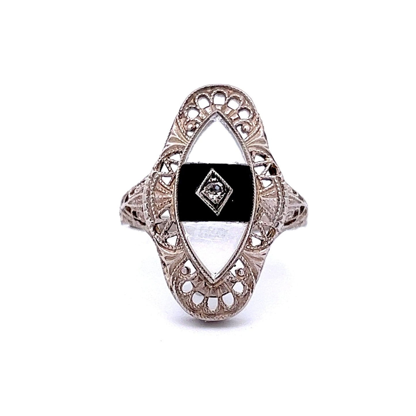 Art Deco Marquise Shaped Onyx and Diamond Ring in 14k White Gold