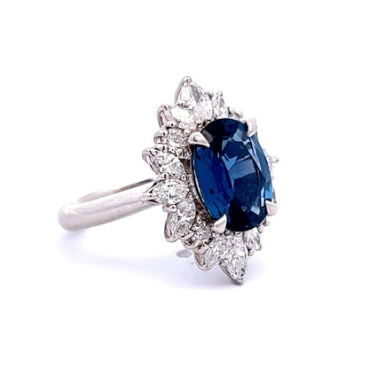 Sapphire & Marquise Cut Diamond Halo Ring in Platinum