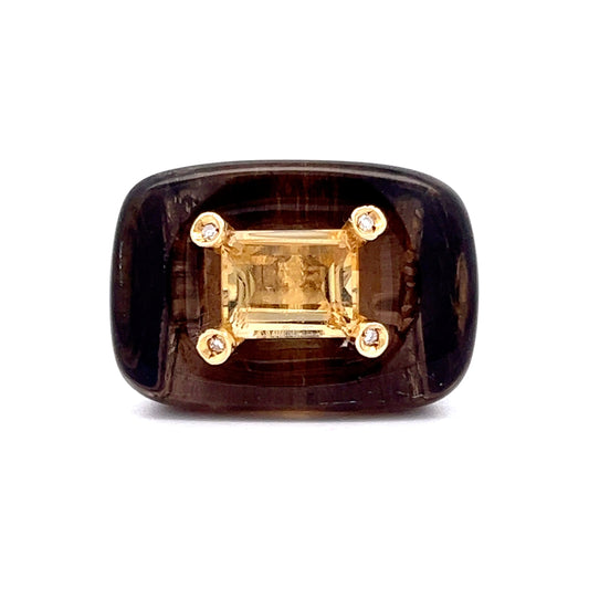 .93 Citrine & Smokey Quartz Cocktail Ring in 18k Yellow Gold