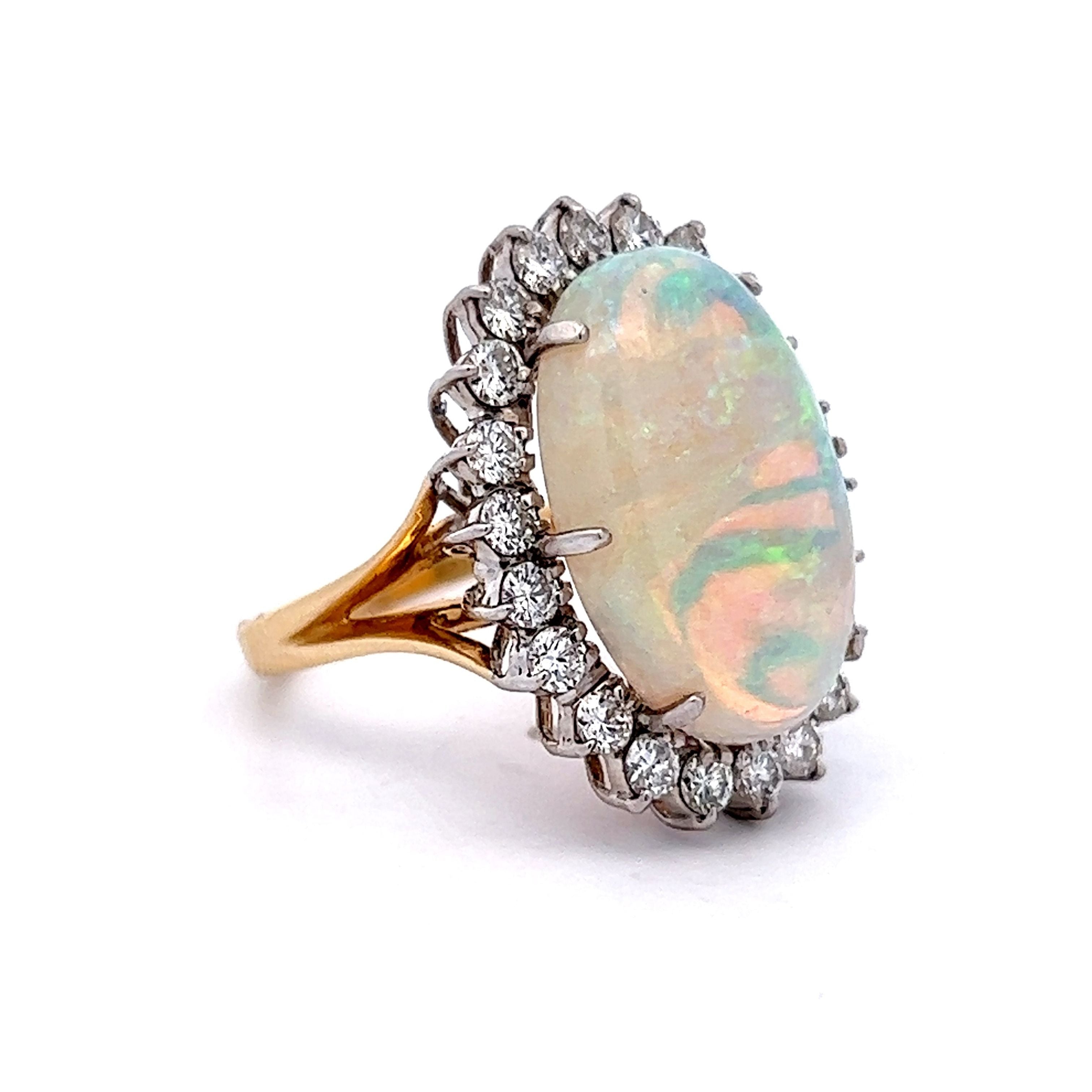 Vintage Opal and White Diamonds Ring crafted in 14k White Gold OPR-850