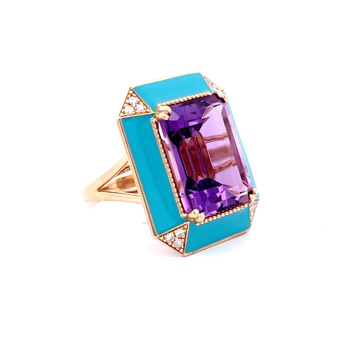 11.80 Emerald Cut Amethyst Cocktail Ring in 14k Yellow Gold