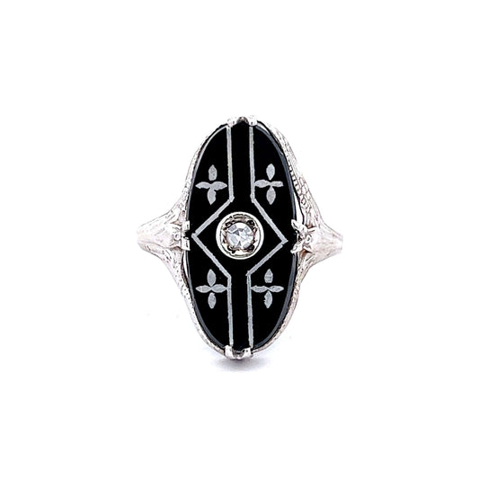 Antique Art Deco Diamond & Onyx Ring in 14k White Gold