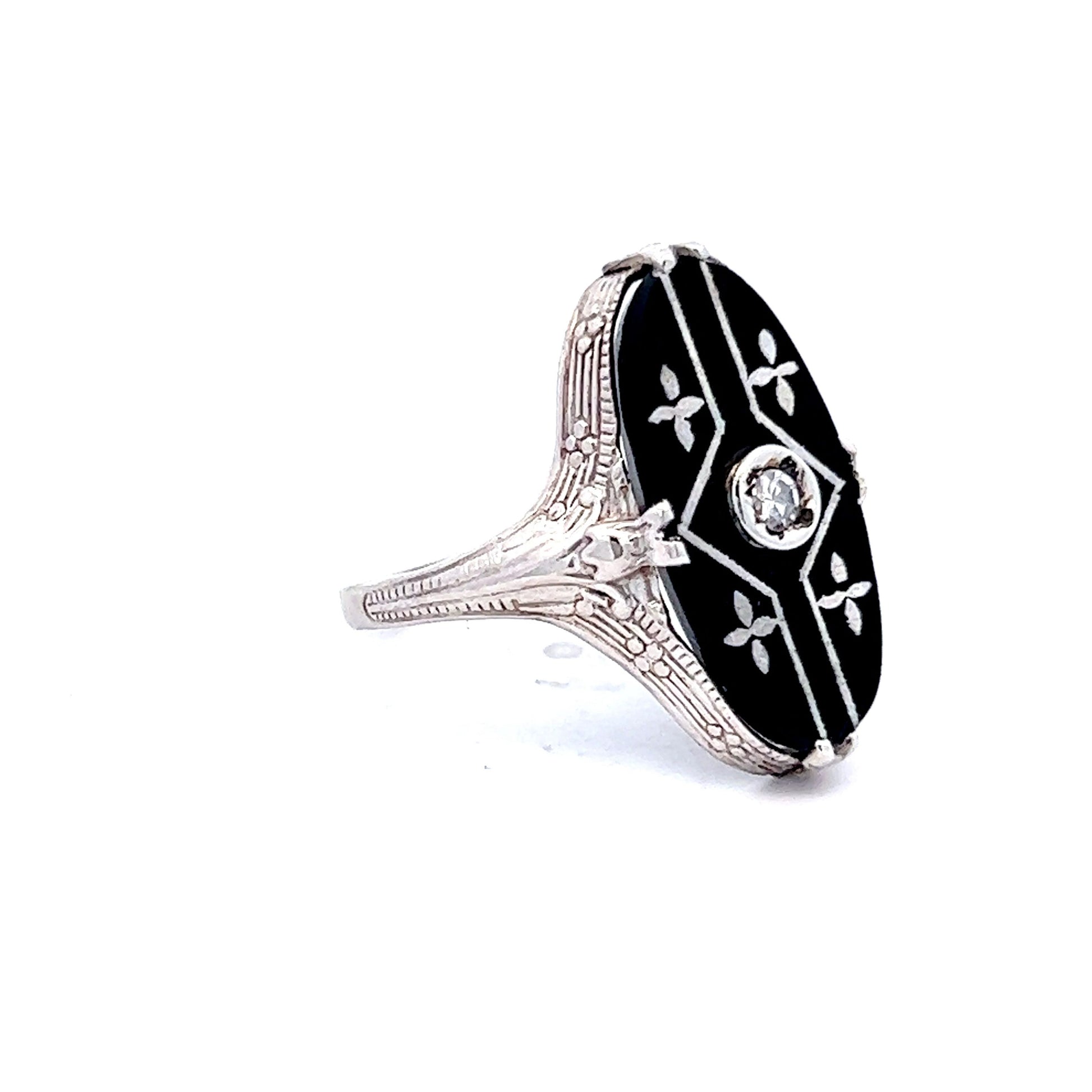 Antique Art Deco 14k White Gold Onyx and Diamond Ring