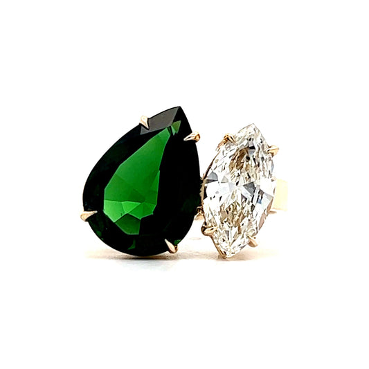 Pear Cut Tourmaline and Marquise Cut Diamond Ring in 14k Yellow Gold