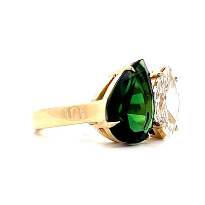 Pear Cut Tourmaline and Marquise Cut Diamond Ring in 14k Yellow Gold