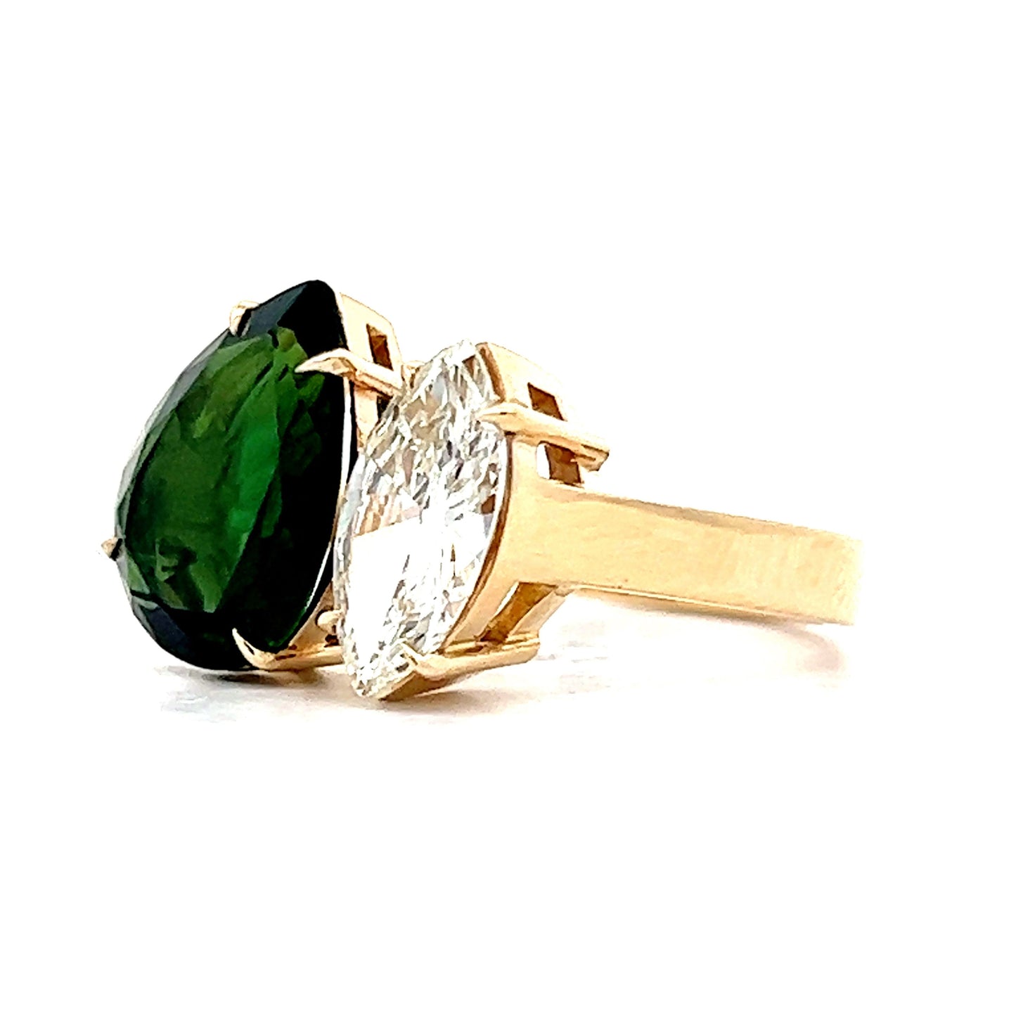 Pear Cut Tourmaline and Marquise Cut Diamond Ring in 14k Yellow Gold