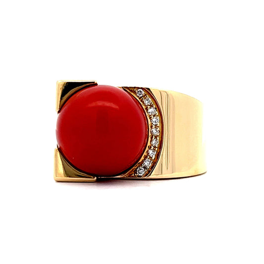 Mid-Century Inspired Coral & Diamond Ring in 18k Yellow Gold