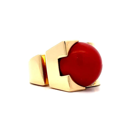 Mid-Century Inspired Coral & Diamond Ring in 18k Yellow Gold