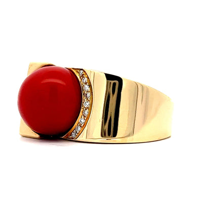 Mid-Century Inspired Coral & Diamond Ring in 18k Yellow Gold