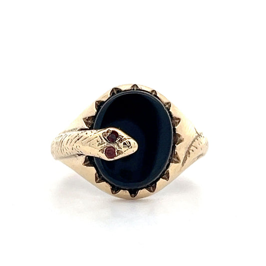 Antique Victorian Onyx & Citrine Snake Ring in 9K Yellow Gold