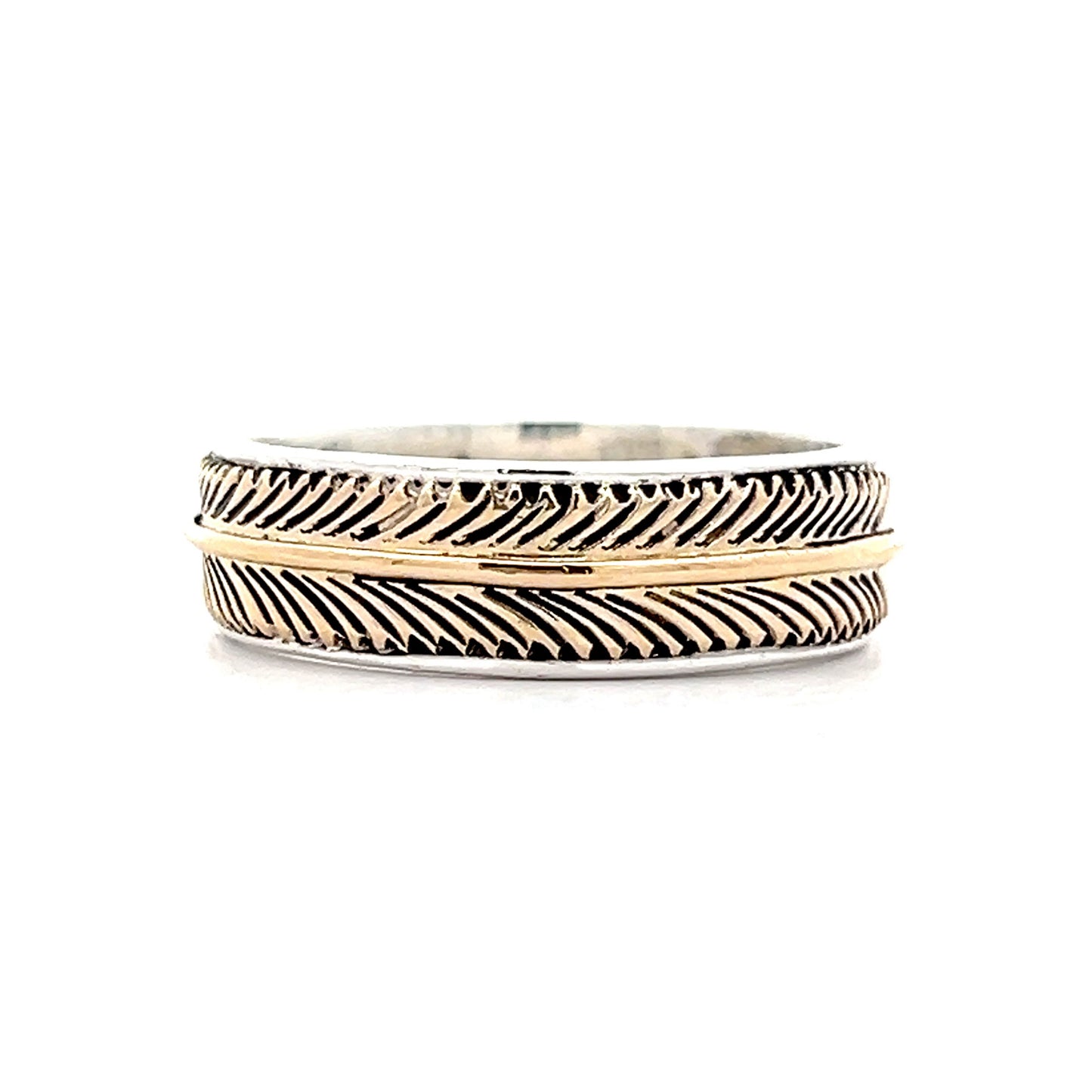 Men's H Mace Feather Wedding Band in 14k Yellow Gold & Silver