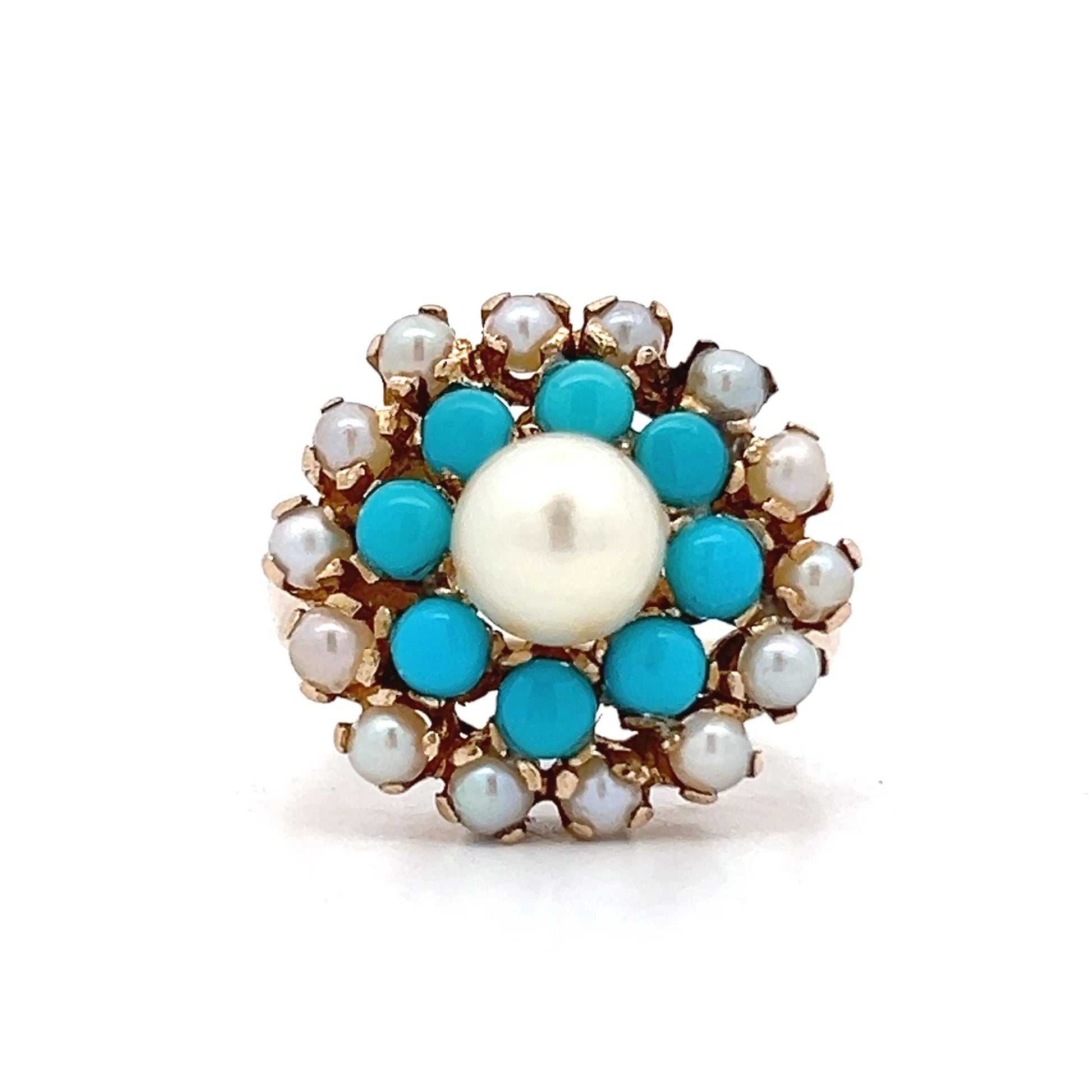 Victorian Antique Turquoise & Pearl Cocktail Ring in 14k