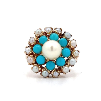 Victorian Antique Turquoise & Pearl Cocktail Ring in 14k