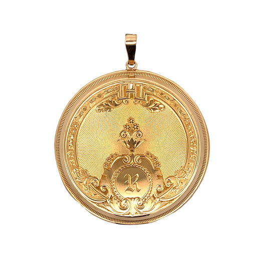 Victorian Engraved 'R' Locket Pendant 14k Yellow Gold