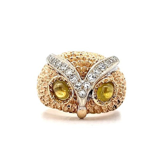 Vintage 1950's Diamond Owl Cocktail Ring in 14k