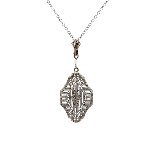 Vintage Art Deco Filigree Pendant in 14k White Gold