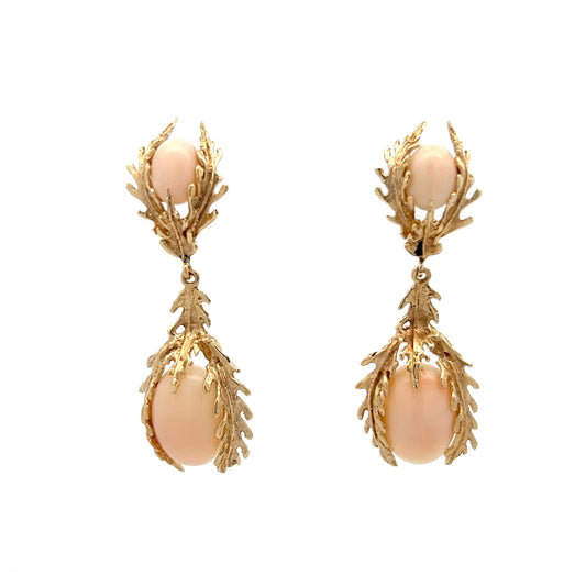 Vintage Mid-Century Coral Leaf Earrings in 14k