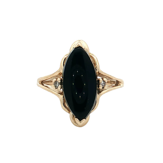Vintage Mid-Century Diamond & Onyx Navette Ring 14k