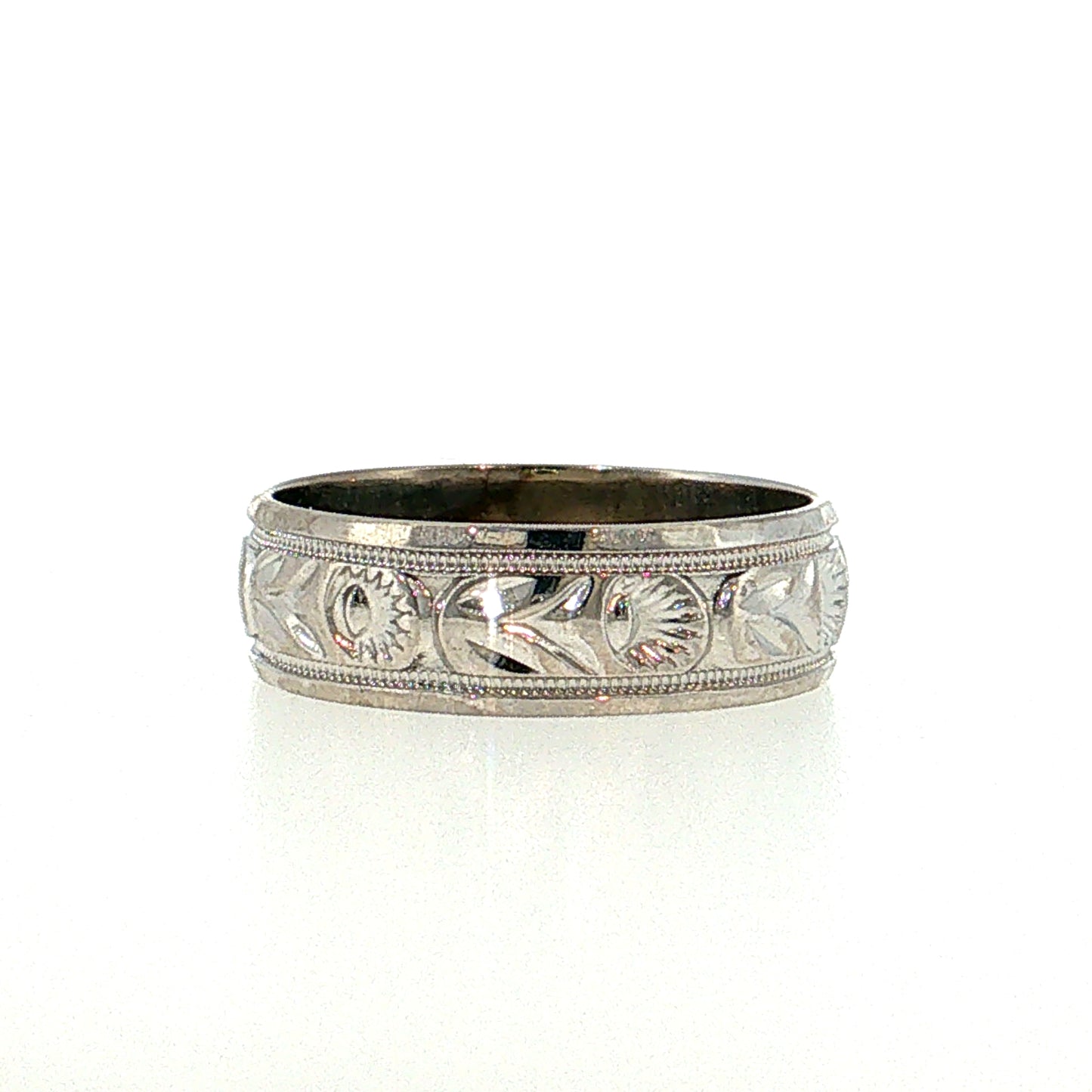 Vintage Mid-Century Engraved Wedding Band 14k White Gold