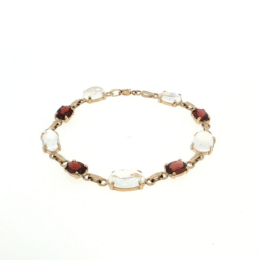 Vintage Mid-Century Moonstone & Garnet Bracelet 14k