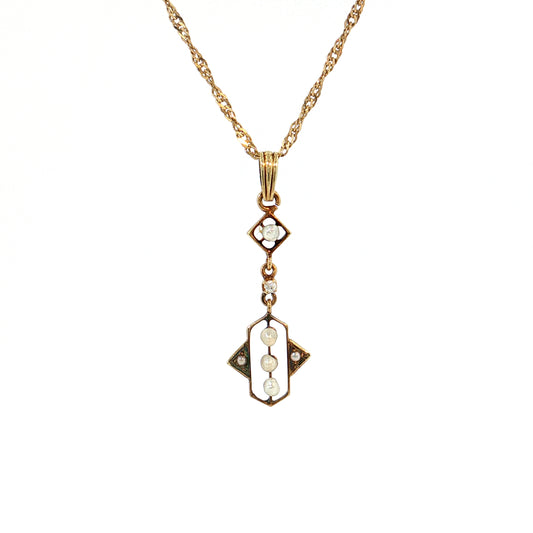 Vintage Pearl & Diamond Pendant Necklace 14k Yellow Gold