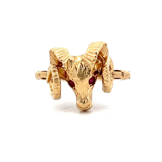 Vintage Ram's Head Statement Ring in 14k Yellow Gold