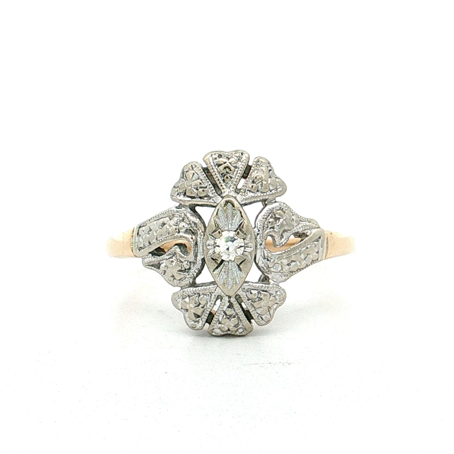 Vintage Retro Diamond Navette Ring 14k Two-Tone Gold