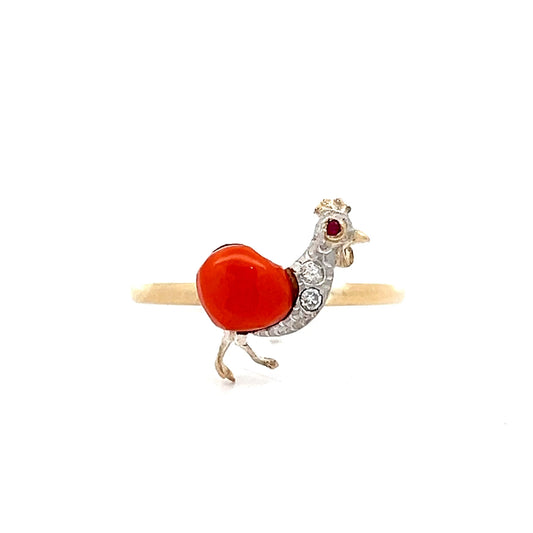 Vintage Victorian Coral, Ruby & Diamond Chicken Ring in 14k