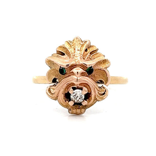 Vintage Victorian Diamond & Emerald Lion Ring in 14k