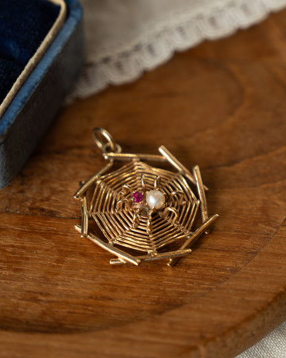 Vintage Mid-Century Ruby & Pearl Spider Pendant 14k