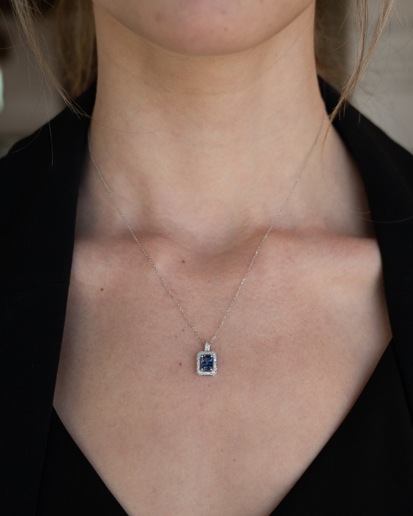 .95 Blue Sapphire Emerald Cut Pendant 14k White Gold