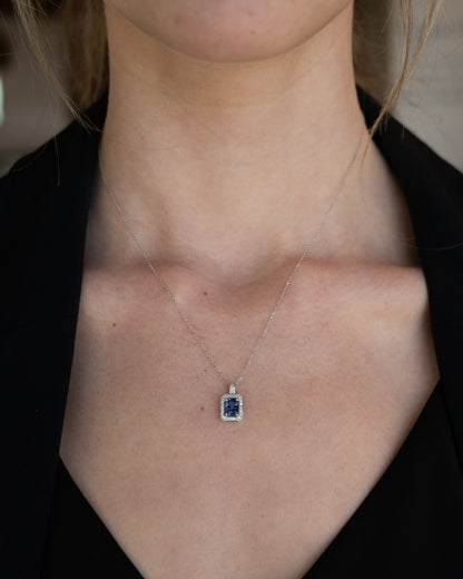 .95 Blue Sapphire Emerald Cut Pendant 14k White Gold