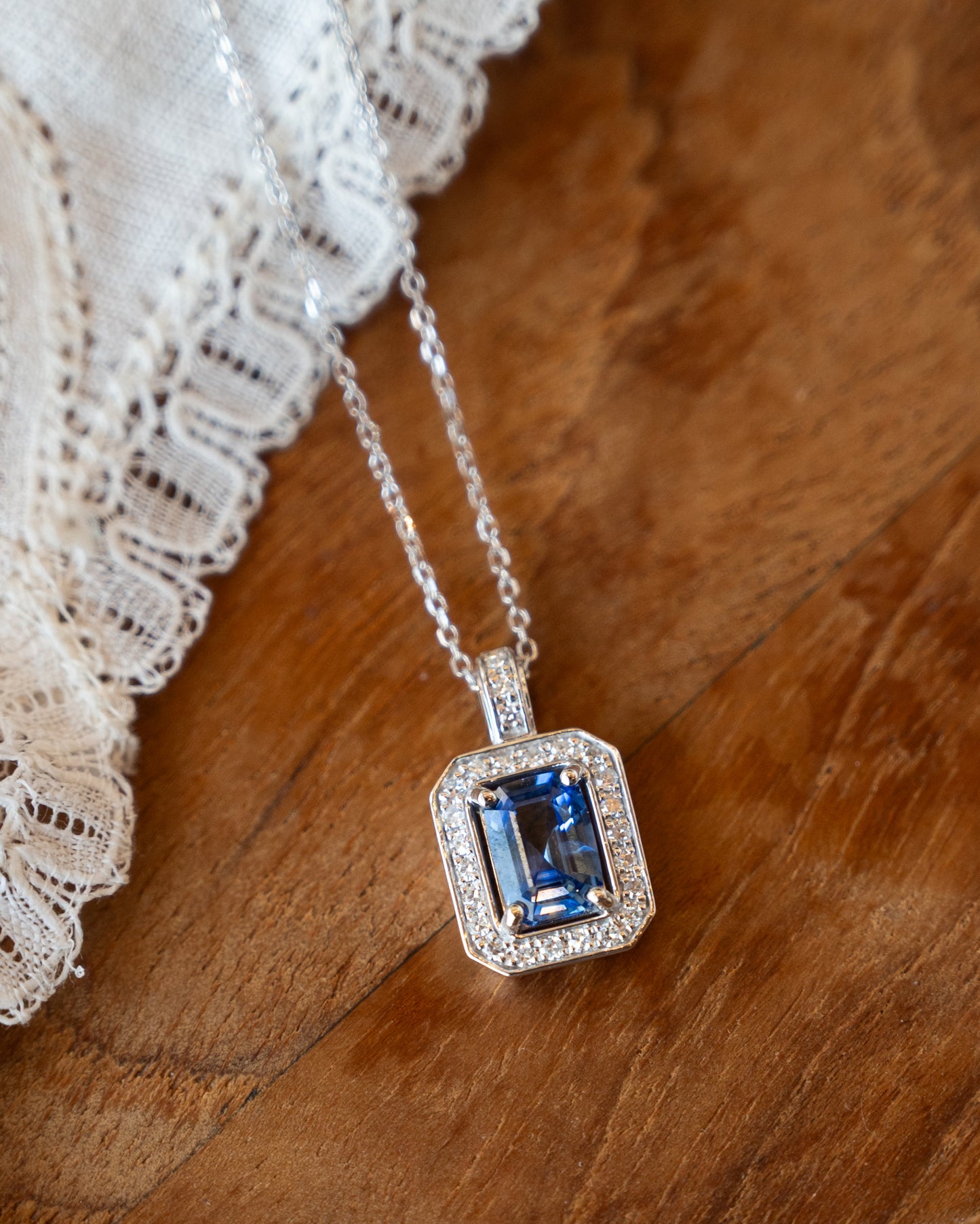 .95 Blue Sapphire Emerald Cut Pendant 14k White Gold