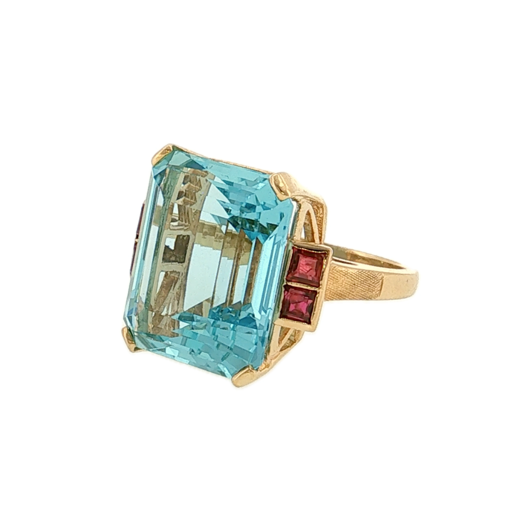 19.16 Vintage Retro Aquamarine & Ruby Cocktail Ring 14k
