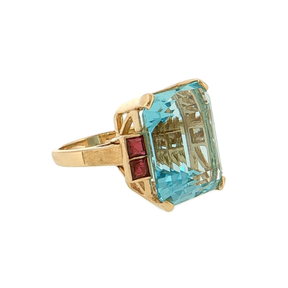 19.16 Vintage Retro Aquamarine & Ruby Cocktail Ring 14k