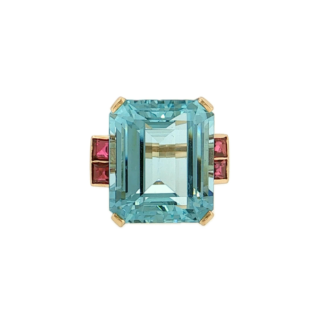 19.16 Vintage Retro Aquamarine & Ruby Cocktail Ring 14k