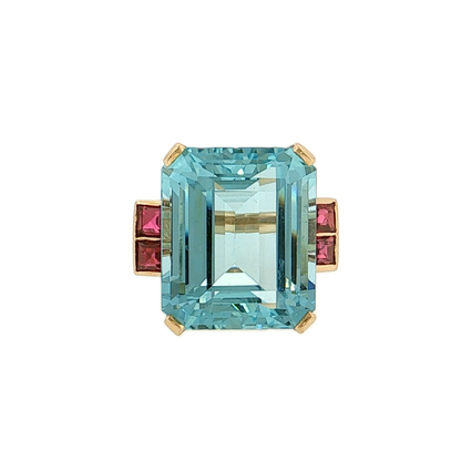 19.16 Vintage Retro Aquamarine & Ruby Cocktail Ring 14k