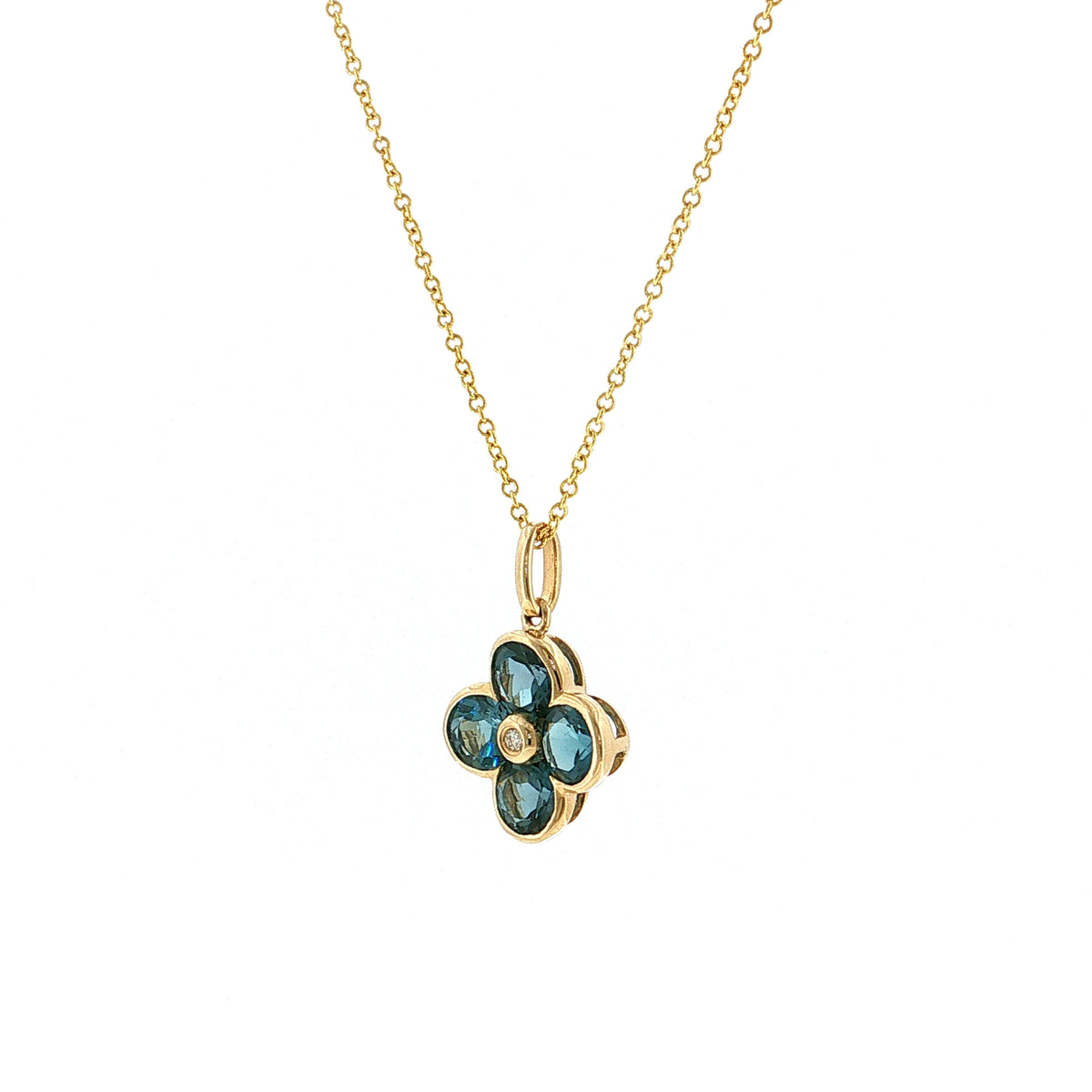 Blue Topaz & Diamond Clover Pendant 14k Gold