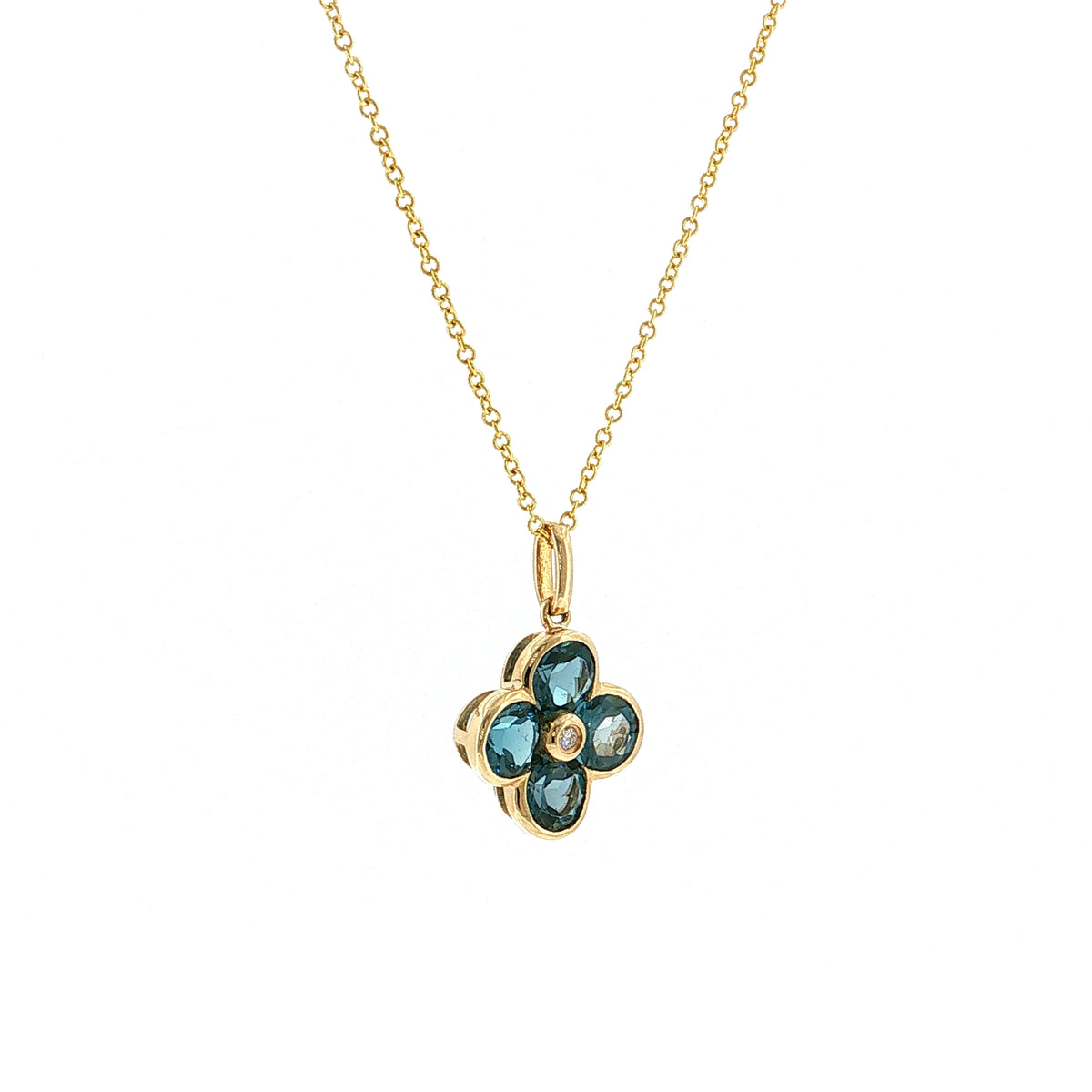 Blue Topaz & Diamond Clover Pendant 14k Gold