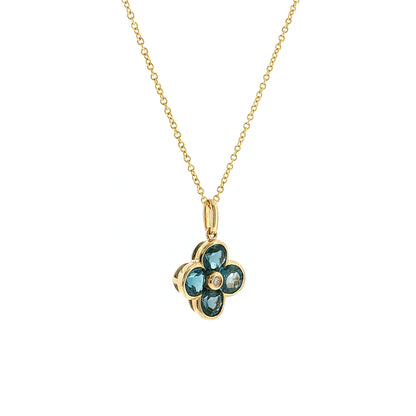 Blue Topaz & Diamond Clover Pendant 14k Gold