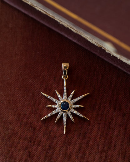 .29 Blue Sapphire Starburst Pendant 14k Yellow Gold