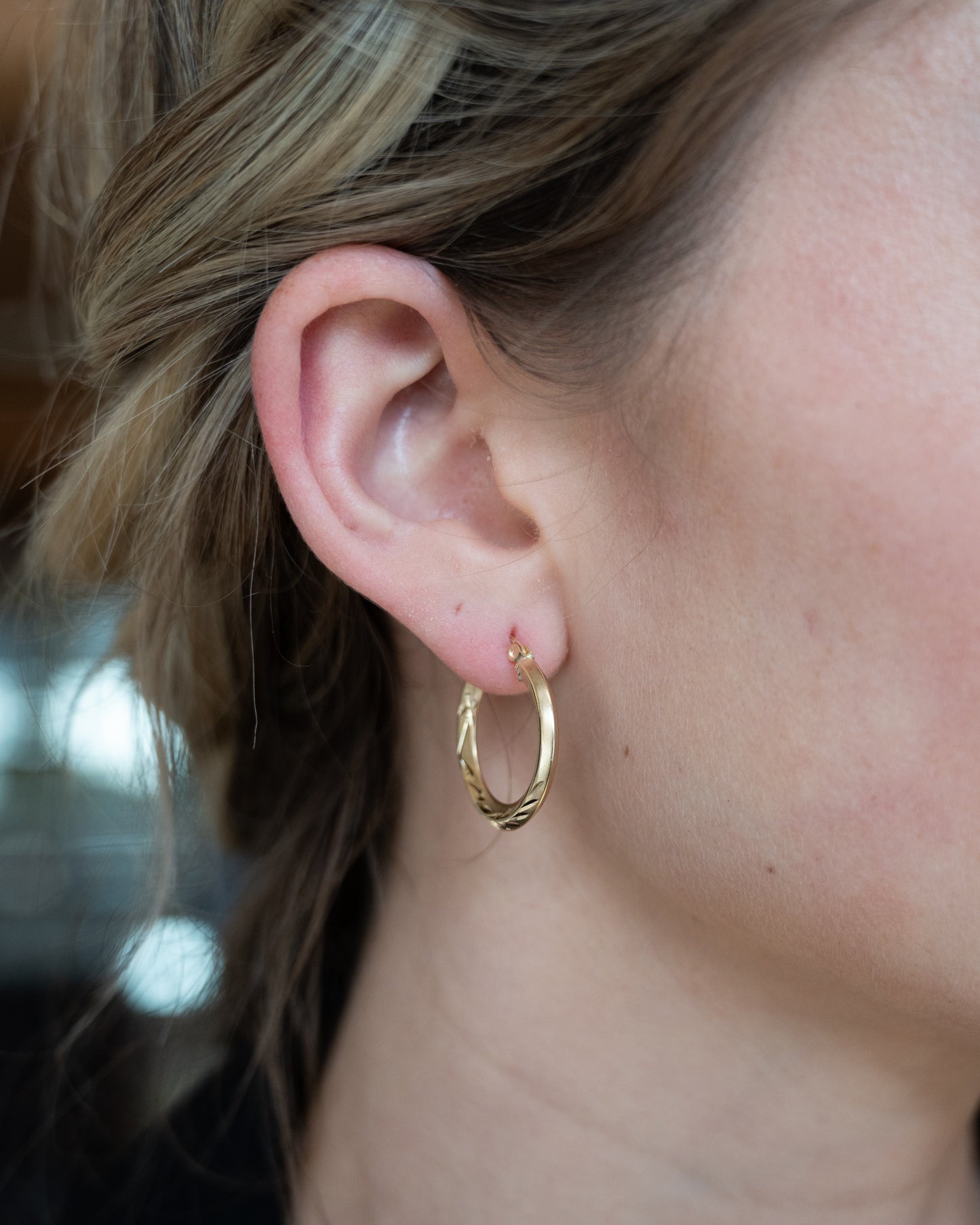 Laser Cut Brushed Hoop Earrings 14k Yellow Gold