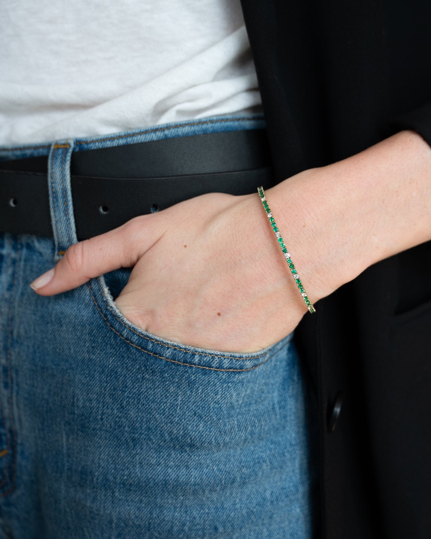 Emerald & Diamond Bangle Bracelet 14k Yellow Gold