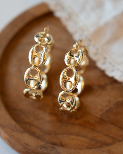 Puffy Mariner Link Hoop Earrings 14k Yellow Gold