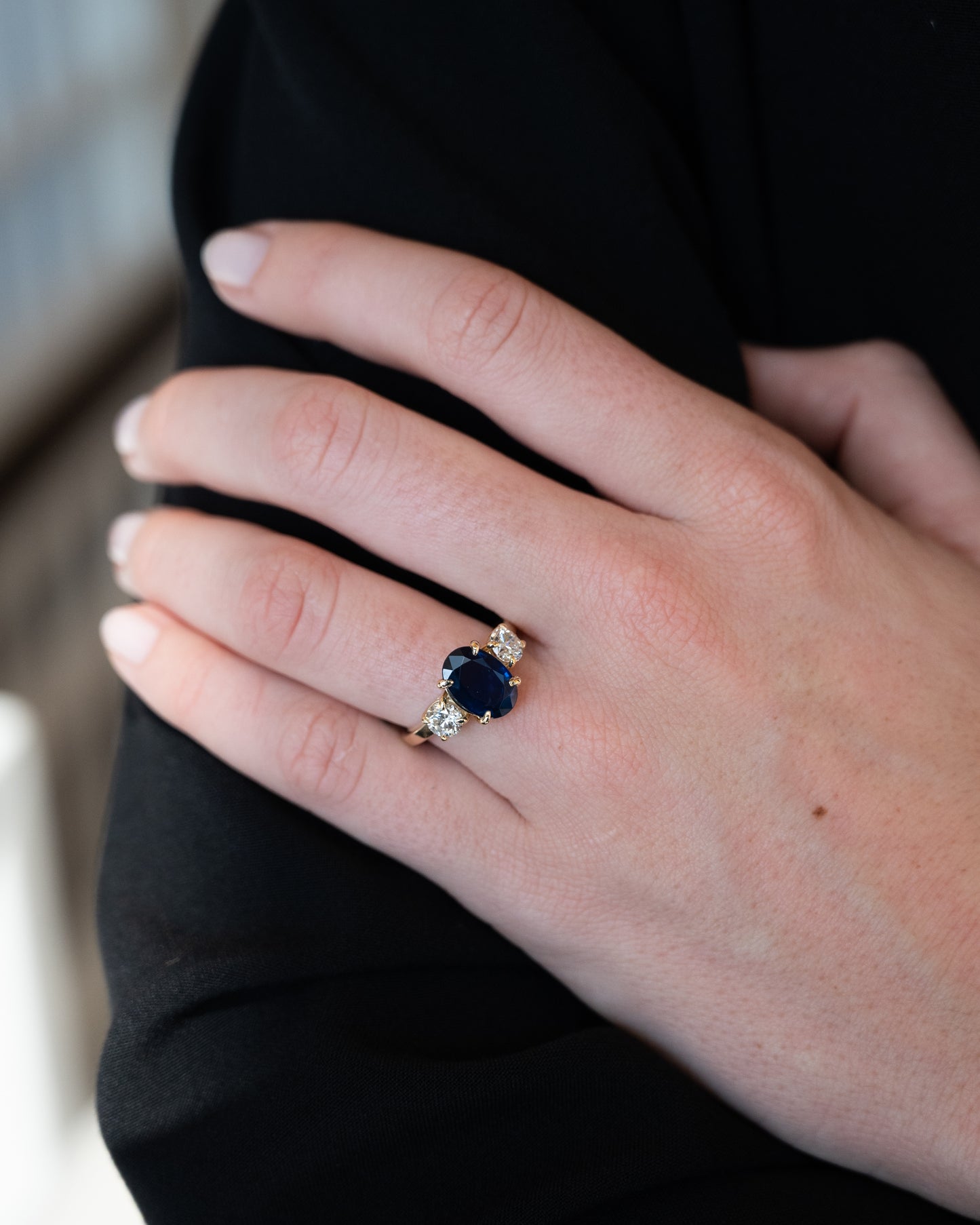 3.28 Blue Sapphire Three Stone Engagement Ring 14k